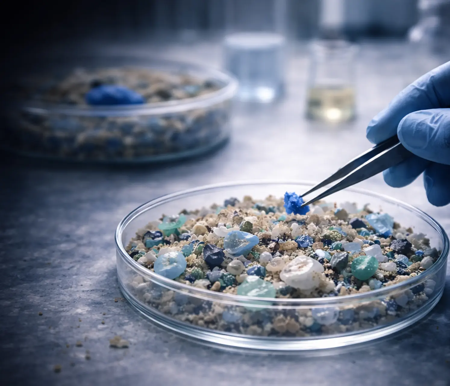 Environmental plastic particles handled with tweezers in a Petri dish
